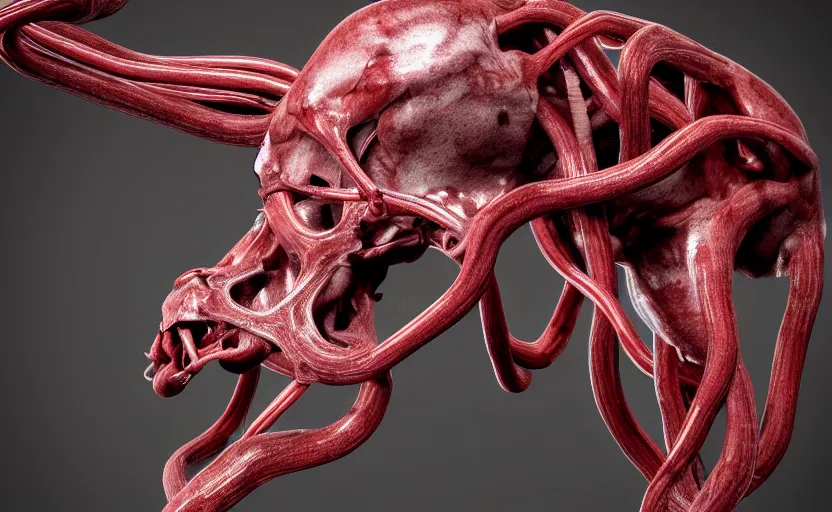 Image similar to anatomical deep red arteries veins flesh stylized shiny polished silver statue full body bizarre extra limbs cosmic horror quadruped animal cow bovine skull four legs made of creature tendrils perfect symmetrical body perfect symmetrical face hyper realistic hyper detailed by johannen voss by michelangelo octane render blender 8 k displayed in pure white studio room