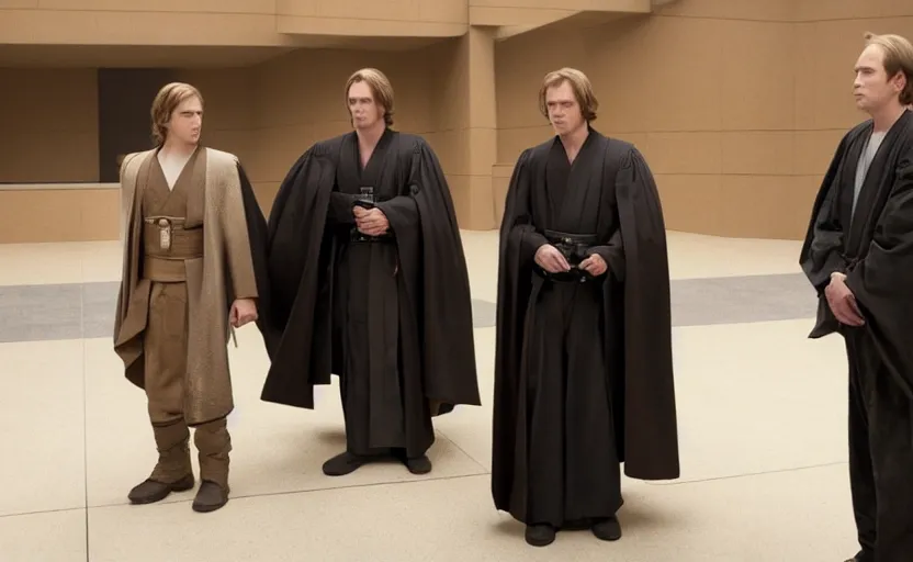 Image similar to anakin skywalker played by hayden christensen wearing jedi robes talking to a lawyer saul goodman wearing a suit in court, better call saul court scene 1 0 8 0 p, jimmy mcgill in court, court session images, realistic faces