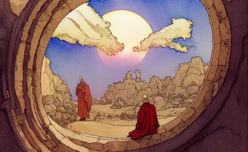 Prompt: a hyperrealist watercolour concept art of a large circular dimensional portal in the sky. a medieval monk in grey robes is kneeling in prayer below it on a desert road. by rebecca guay, michael kaluta, charles vess and jean moebius giraud. high detail, hq, wide shot