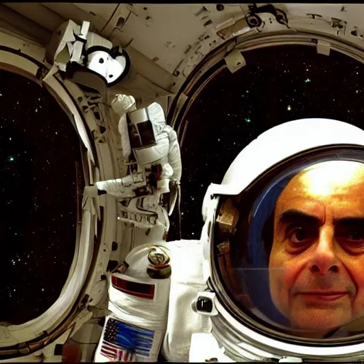 Image similar to extremely detailed photo of carl sagan looking through visor of spacesuit, mars rover in background, detailed face
