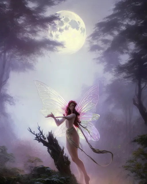 Image similar to a portrait of beautiful fairy goddness fly high in the night, d & d, fantasy, mist, full moon in background, trees, hyper detailed,, midium shot, an oil painting by ruan jia, trending on artstation, concept art, sharp focus, illustration, gaston bussiere, craig mullins, j. c. leyendecker, beautiful lighting