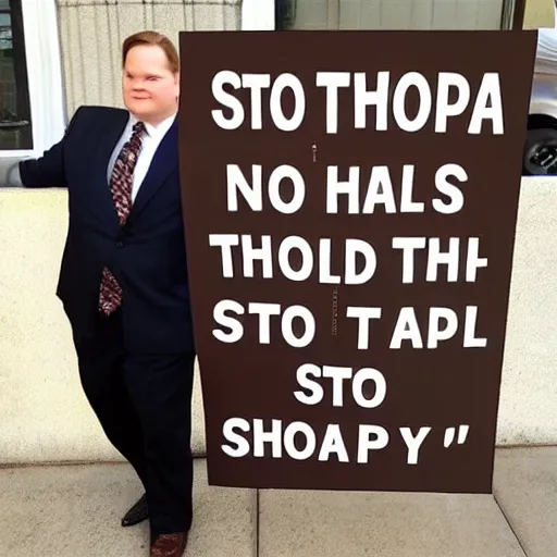 Image similar to Andy Richter is wearing a chocolate brown suit and necktie, holding a sign that reads Stop making these images of me of I WILL tell Conan!!