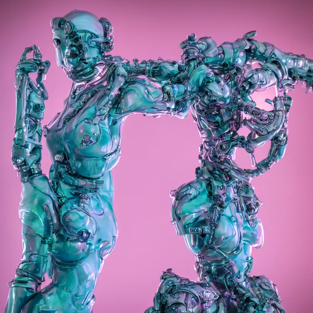 Prompt: high quality photo of rococo cyborg woman with pearlescent blue skin key sage wayne barlowe very soft pink neon lighting on one side wide angle 35mm shallow depth of field 8k