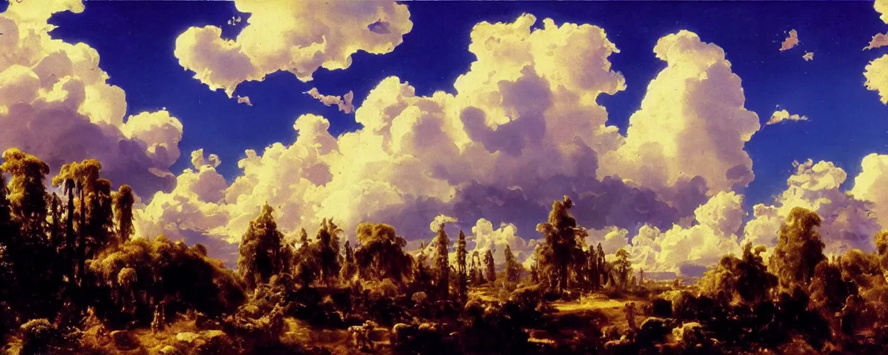 Image similar to disney illustrated background of blue sky huge clouds by eugene von guerard, ivan shishkin, john singer sargent