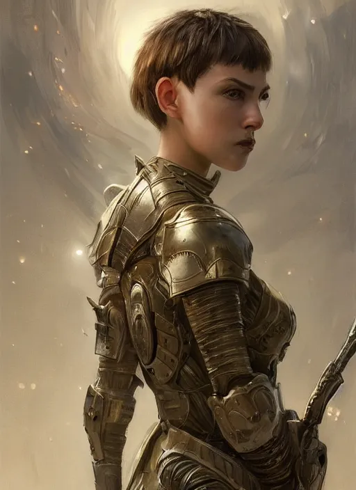 Image similar to a professional portrait of a beautiful young female, clothed in ethereal battle armor, olive skin, long dark hair, beautiful bone structure, symmetrical facial features, intricate, elegant, digital painting, concept art, smooth, sharp focus, finely detailed, illustration, from Valerian and the City of a Thousand Planets, in the style of Ruan Jia and Mandy Jurgens and Artgerm and Greg Rutkowski and William-Adolphe Bouguerea