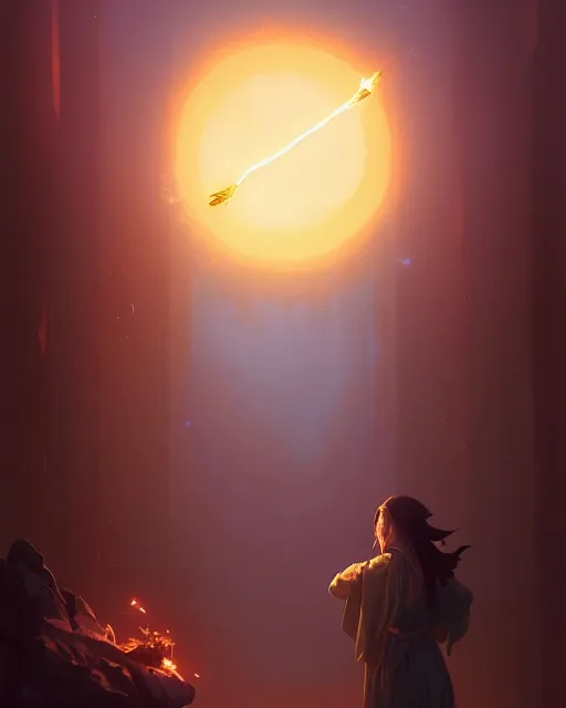Image similar to highly detailed vfx portrait of a mage casting a light spell, unreal engine, greg rutkowski, loish, rhads, beeple, makoto shinkai and lois van baarle, ilya kuvshinov, rossdraws, tom bagshaw, alphonse mucha, global illumination, detailed and intricate environment