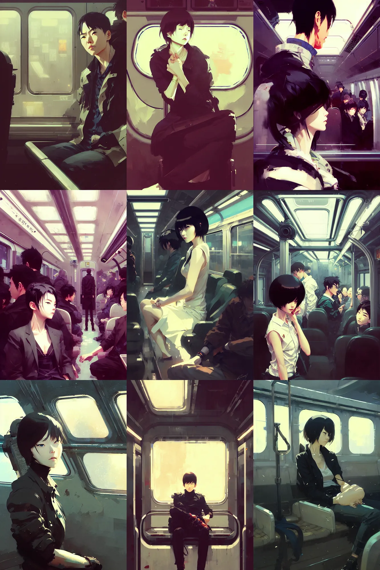 Prompt: hyper - realistic portrait of subway car interior, extreme detail, in style of pan ren wei, ilya kuvshinov, yoji shinkawa, atey ghailan, by greg rutkowski, by greg tocchini, by james gilleard, by joe fenton, by kaethe butcher, anime aesthetic