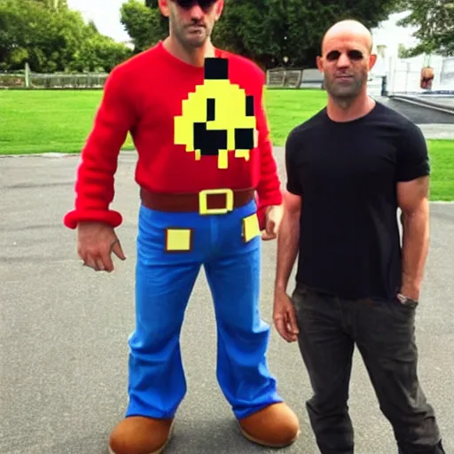 Prompt: jason statham in super mario bros dressed as mario