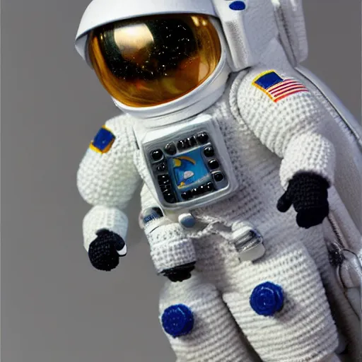 Image similar to a miniature amigurumi astronaut. Diorama. very Full Detailed. 4k. Macro 200 mm