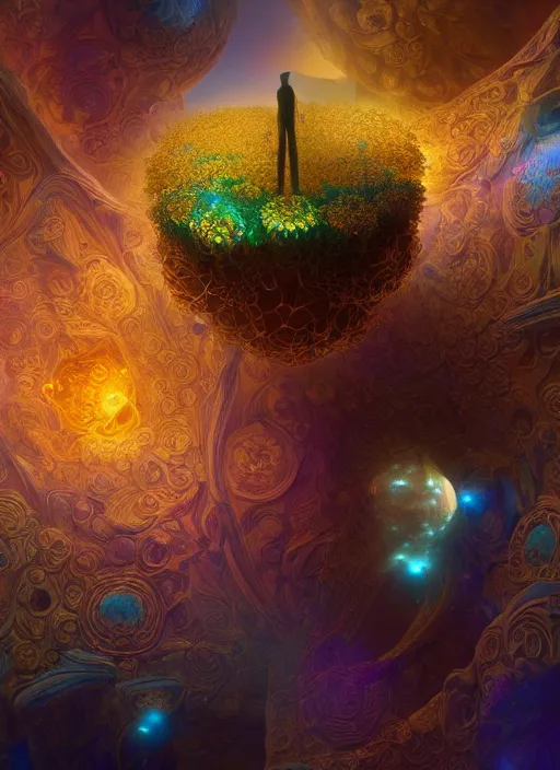 Image similar to flowers within the whole infinite capsule apparent with awe the apparition, an idea seep's into infinity highly detailed in volumetric latent space, golden turquoise steampunk, high contrast cinematic light, mystical shadows, sharp focus, divine realm of gods, octane render, artist by boris vallejo,