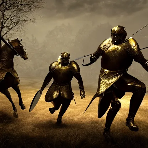 Prompt: the battle of knights in golden armor with werewolves, cinematic, improving faces, 8k texture