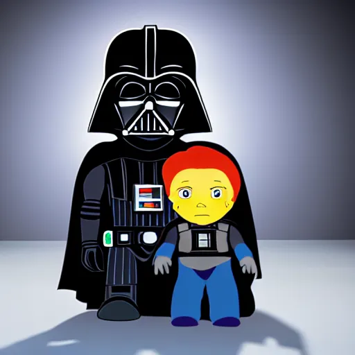 Image similar to A studio image of Darth Vader holding Maggie Simpson, ray tracing, black background, 4k, hyper detailed, studio lighting, movie set,