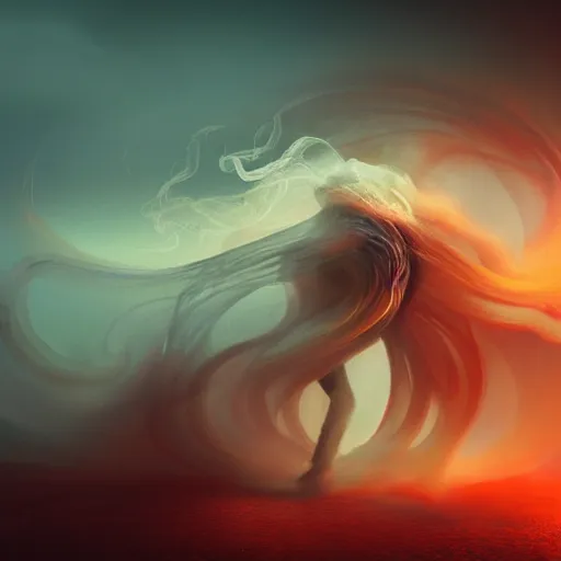 Prompt: man made of swirling smoke and tendrils of fog being sucked into a vortex, sunset colors, cinematic, highly detailed, digital painting, artstation, concept art, smooth, sharp focus, illustration