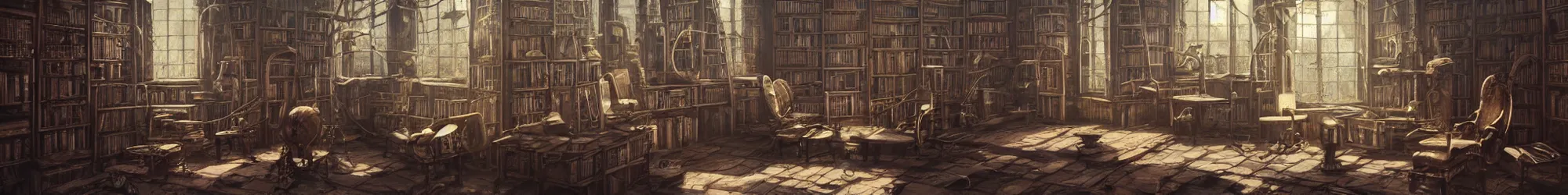 Prompt: photo of steampunk library, Les Edwards, Zdzislaw Beksinski, Carl Gustav Carus, John Harris, Michal Karcz, Zhang Kechun, Mikko Lagerstedt, Scott Listfield, Steven Outram, Jessica Rossier