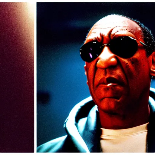 Prompt: bill cosby as morpheus in the matrix, blue and red pills, cinema still, dramatic lighting, 3 5 mm frame