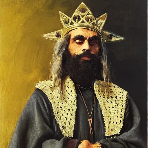 Image similar to King Tommy Chong wears a doublet whilst wearing a red velvet cape and OG Kush Indica helmet ilya repin alexandre benois edward julius detmold jehan choo jeff simpson raphael lacoste guillem h. pongiluppi grisaille