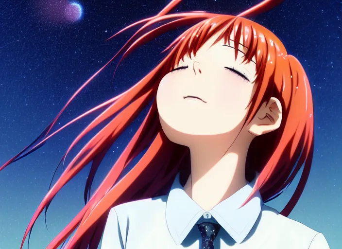 Prompt: anime visual, full body portrait a young woman with red hair looking up at the stars in the park at midnight, cute face by ilya kuvshinov, yoshinari yoh, makoto shinkai, katsura masakazu, dynamic perspective pose, detailed facial features, kyoani, rounded eyes, crisp and sharp, cel shad, anime poster, ambient light,