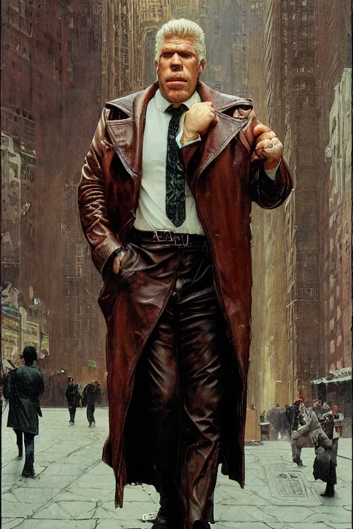 Image similar to full length portrait of ron perlman as a huge tall hulking marvel gangster wearing a leather trench coat standing on street new york, by lawrence alma tadema and zdzislaw beksinski and norman rockwell and jack kirby and tom lovell and greg staples and michael alford