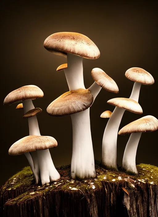 Image similar to a beautiful macro photography on a rotten stump is a small family of conical oyster mushrooms, conical oyster mushrooms suspiciously reaching for an dissected cross on the wall, beautiful magic shiny dissected cross on the wall, hyper detailed, warm volumetric lights, made by gerald brom and mike winkelmann, photorealism