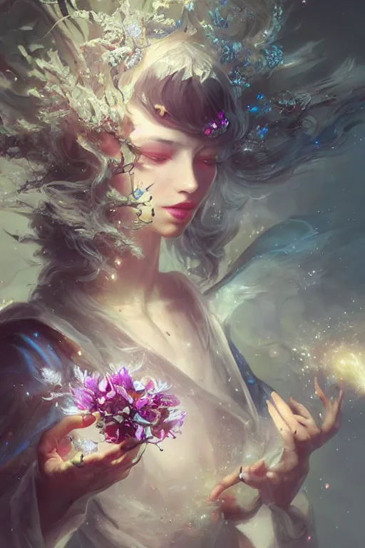 Image similar to beautiful girl necromancer covered with crystals exploding space, 3 d render, hyper realistic detailed portrait, holding magic flowers, ruan jia, wlop. scifi, fantasy, hyper detailed, octane render, concept art, peter mohrbacher