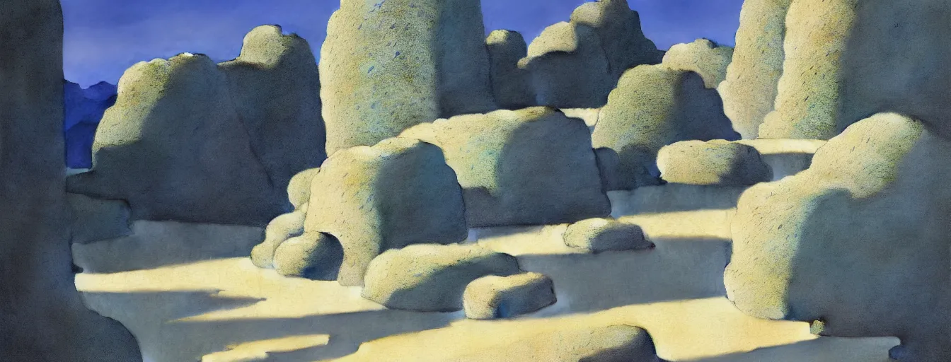 Image similar to a gorgeous blue desert landscape painting by barlowe wayne maxfield parrish and marco mazzoni. grey blue and very little light verdancy. the winding stone steps. ultra clear detailed. 3 d, octane render.