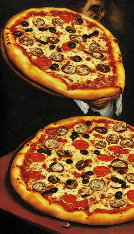 Image similar to oil portrait of evil pizza hut stuffed crust with human limbs as toppings, hyperrealistic, surrealcore, lovecraftian, 4 k by francisco goya