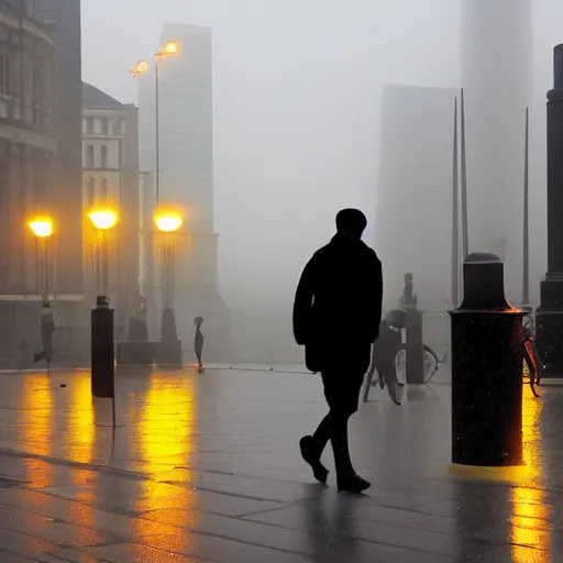 Prompt: A person walks through the banking district of London. Evening atmosphere, deep fog, it is wet. You can see lights and modernist sculptures. Photo by Martin Parr