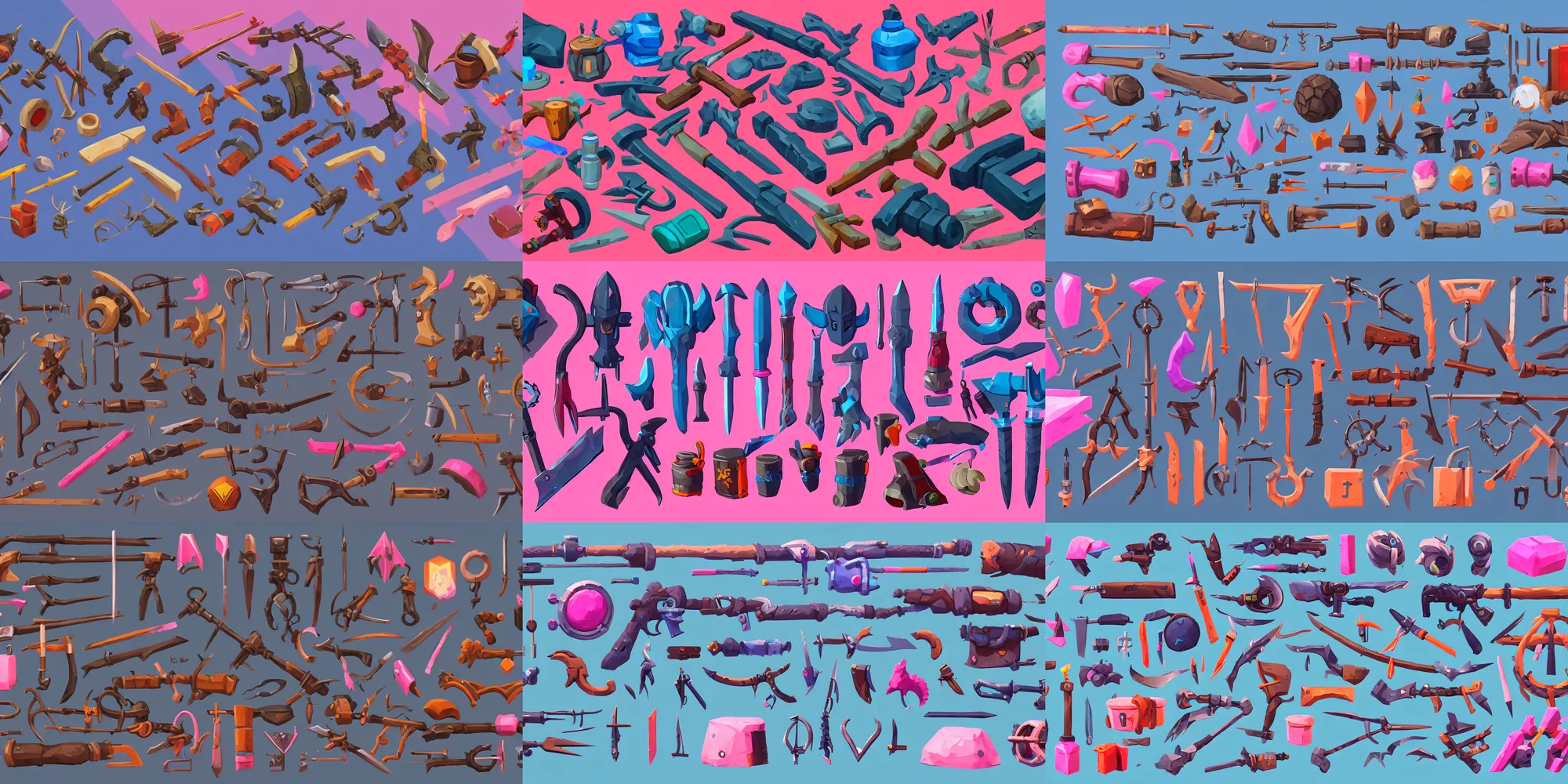 Prompt: game asset of survival tools and equipments, in gouache detailed paintings, props, stylized, 2 d sprites, kitbash, arcane, overwatch, blue and pink color scheme, 8 k, close up