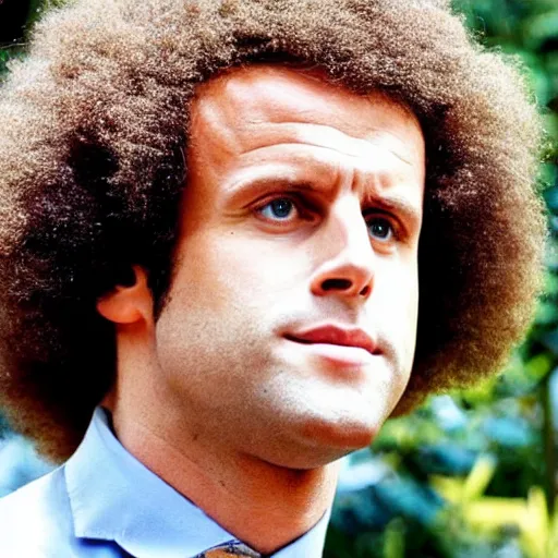 Prompt: macron with afro hair, 70s style fashion