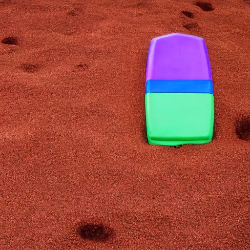 Image similar to purple refrigerator on red sand with green ocean and black sunset