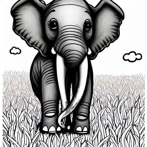 Image similar to cute cheerful elephant with his two ears and his trunk in a meadow, colouring - in sheet, concept design, character art, sharp focus, highly detailed, artstation