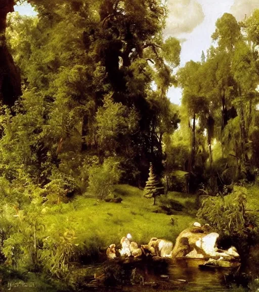 Image similar to artwork painting of a lush environment by eugene von guerard, ivan shishkin, john singer sargent