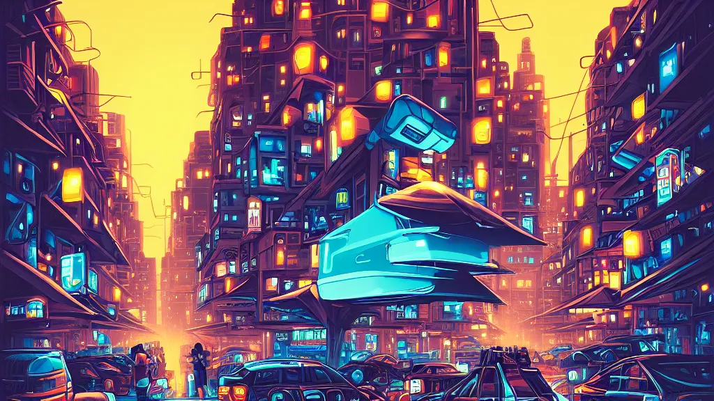 Prompt: street view of the city at night by cyril rolando and naomi okubo and dan mumford and zaha hadid. robots. flying cars. advertisements. neon. night train.