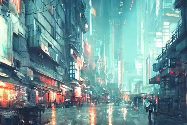 Prompt: dystopian shanghai, empty street, by wlop, poster, anime key visual,