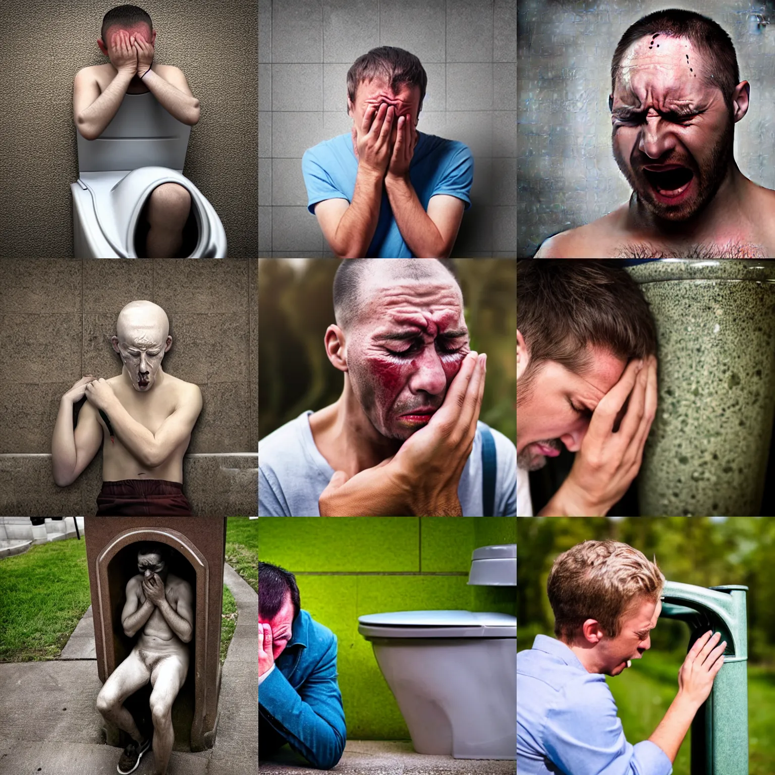 Prompt: man crying hard because he was reincarnated as a urinal