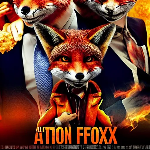 Image similar to hdr quality poster for an action movie fearing cool looking anthropomorphic male foxes in suits stealing fried chicken, promotional media