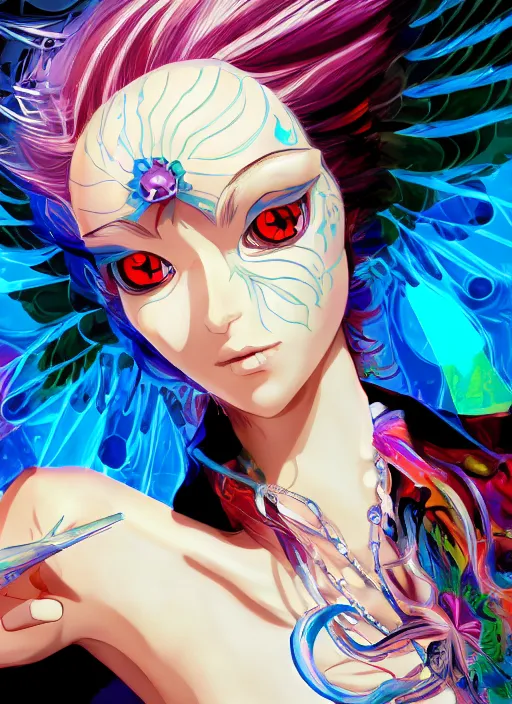 Image similar to portrait of a psychedelic angel, digital painting masterpiece, advanced lighting technology, stylized yet realistic anatomy and face, gorgeous, by reiq and bengus and akiman and shigenori soejima and bastien vives and balak and michael sanlaville and jamie hewlett, 4 k wallpaper, cinematic, gorgeous brush strokes, coherent and smooth