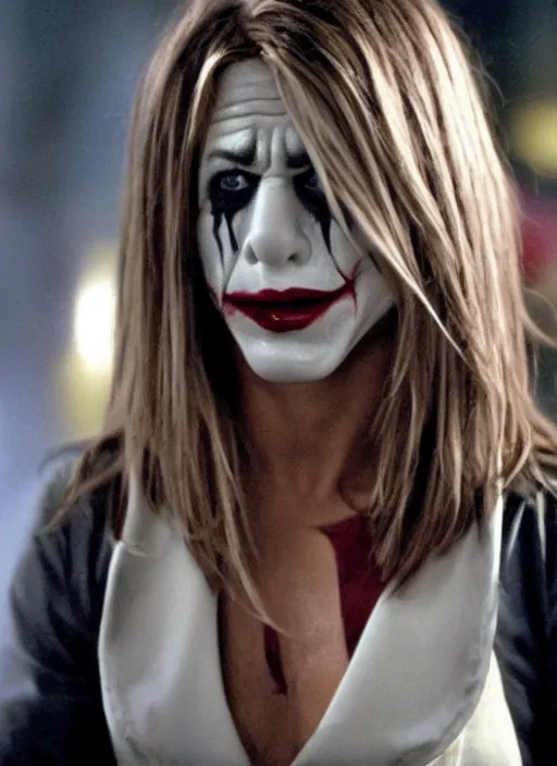 Image similar to film still of Jennifer Aniston as The Joker in The Dark Knight, 4k