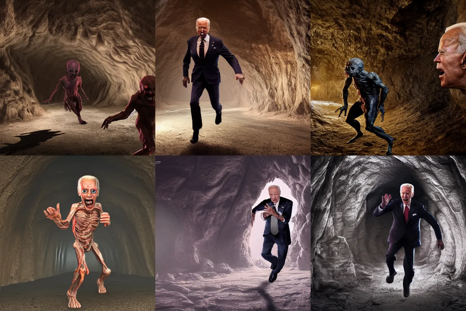 Prompt: demonic warped flesh alien Joe Biden attacks the sprints inside an eerie cave, photorealism, uhd, 8k octane render, scary, eerie, realistic, wide shot, full shot, dramatic shot,