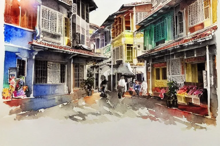 Prompt: !! watercolor!! singapore old city in a sunny day, artwork by tooth wu, colorful contrast,!! very coherent!!, dark shadow, thick lineart