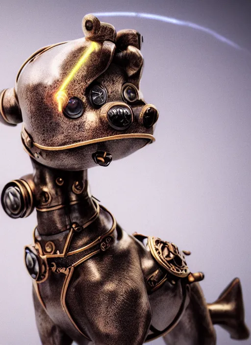 Image similar to a macro photo of amazing steampunk dog with tuby eyes and steam tubes legs, volumetric lightning, octane render, 4 k, hd, realistic reflections, extremely high detailed, soft lightning, trending on artstation, masterpiece, high resolution, bronze, gold, soft lightning