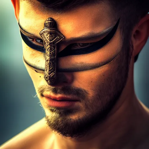 Image similar to portrait of a male warrior with half face-half mask ,fantasy, D&D, HDR, natural light, dynamic pose, award winning photograph, 8k, Mucha style,