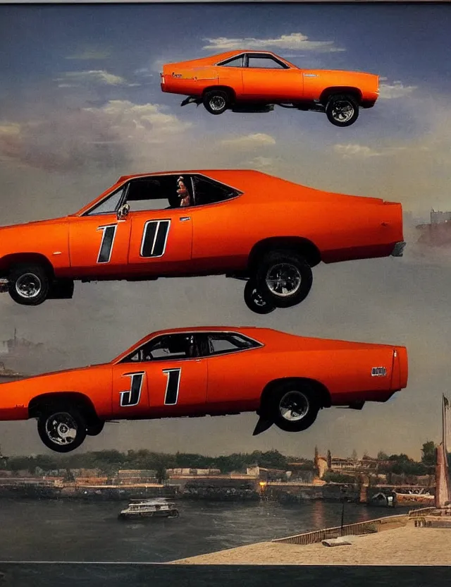 Prompt: the general lee car from dukes of hazzard jumping in the air over the garonne in bordeaux, matte painting, art, detailed, sharp focus, dramatic, cinematic, realistic, coherent,