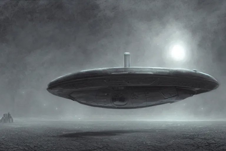 Prompt: concept art of spaceship by Michal Klimczak, foggy background