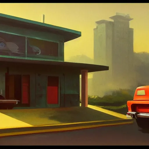 Image similar to a cinematic matte painting of a boxy 1 9 8 0 s sci - fi car with solar panels on roof and doors in a cluttered garage in india. by edward hopper, glennray tutor and greg rutkowski. trending on artstation.