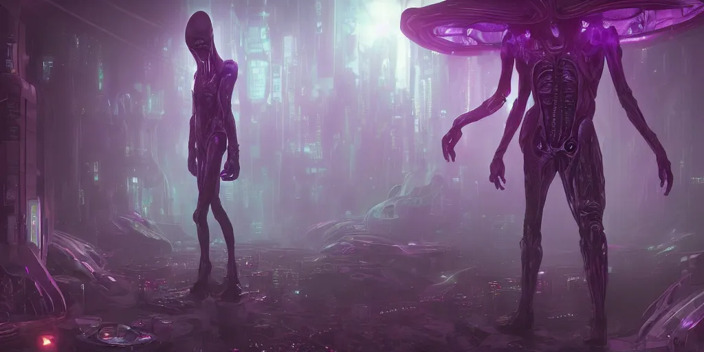 Prompt: A comic book illustration of a giant slender alien floating in a cryochamber filled with purple liquid, cyberpunk, 3d, epic, dim volumetric lighting, gloomy, high exposure colors, ominous, 8k resolution, deviantart, cryengine, octane render, hd, by Alphonse Mucha, Artgerm- H 768