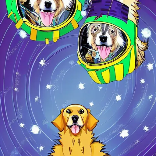 Prompt: a golden retriever and a raccoon dressed as crazy superheroes scientists on an adventure in space, 1960s psychedelic style, photorealistic