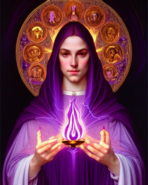 Image similar to violet fire, portrait of saint germain holding a violet colored flame, purple fire, intricate, elegant, highly detailed, digital painting, artstation, concept art, smooth, sharp focus, illustration, art by artgerm and greg rutkowski and fra angelico and alphons mucha