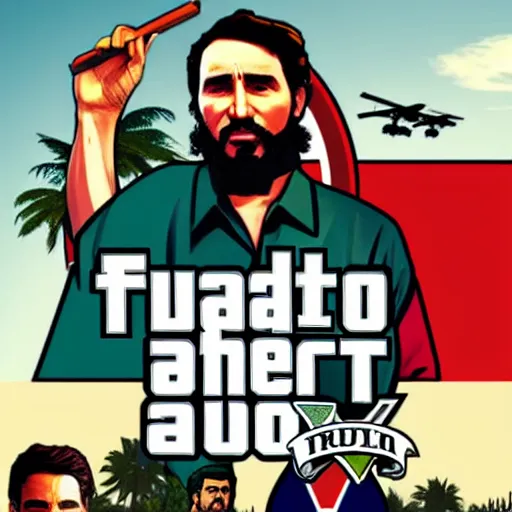 Image similar to justin trudeau as fidel castro in GTA V, cover art by Stephen Bliss, no text