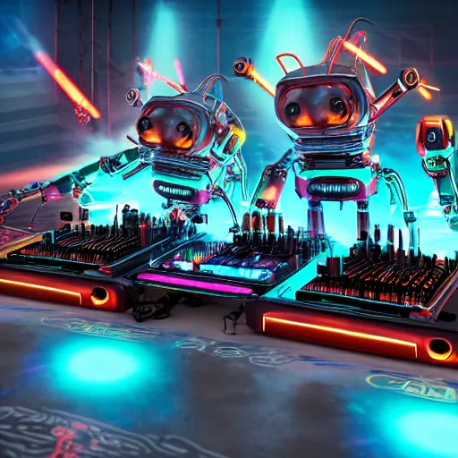 Prompt: album art, name is roborock, 3 steampunk futuristic robots on a dj desk with a cd mixer, 8 k, flourescent colors, halluzinogenic, multicolored, exaggerated detailed, front shot, 3 d render, octane